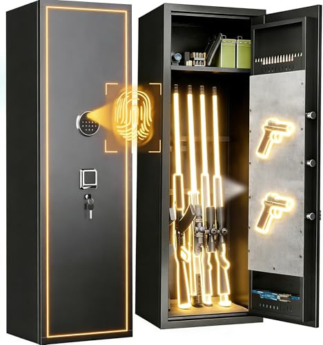 Long Gun Safe, Home Safes for Rifles and Pistols, Fully Assembled Biometric Gun Safes for Handgun with Adjustable Shelves and Pockets, Gun Cabinet with Alarm Function, Gun Locker