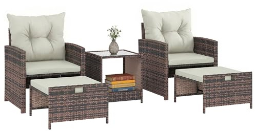 Outsunny Rattan Gartenmöbel Set 5-teiliges Balkonmöbel Set mit 2 Stühle Kissen Hocker Tisch Staufach, Gartenlounge Terrassenmöbel Gartengarnitur Sitzgruppe für Garten, Balkon, Terrasse Cremeweiß