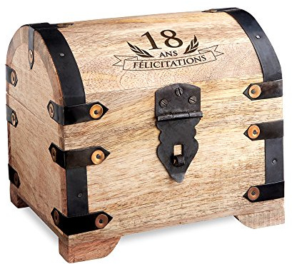 Casa Vivente - Coffre en Bois Style Coffre au trésor avec Gravure - Cadeau d'anniversaire 18 Ans - Boîte à Bijoux - Boîte Cadeau - Tirelire - Bois Naturel - Cadeau d'argent - Malle au trésor