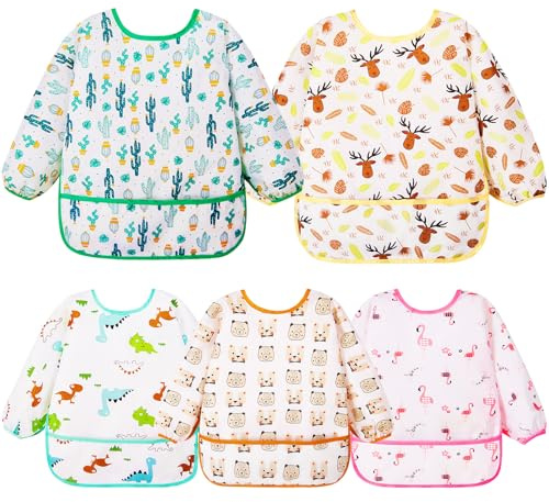 Lictin 5 pezzi Bavaglino a Manica Lunga - Bavaglino Impermeabile Unisex per Bambini Piccoli Da 0 mesi a 2 anni bambino,Orso, cactus, renne, fenicotteri, dinosauri Design(M)