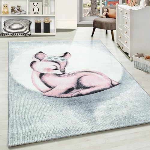 Carpetsale24 Kinderteppich Modern Rehkitz Design Pink und Grau 160 x 230 cm - Kurzflor Teppich Kinderzimmer Waschbarer Spielteppich Babyteppich für Junge und Mädchen Weich und Antiallergen Rechteckig