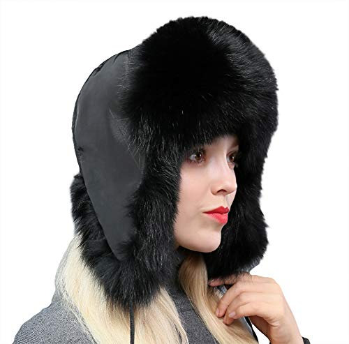 Insun Damen Fellmütze Pelzmütze Fliegermütze Wintermütze Faux Fuchs Fell Warm Weich Hut Schwarz 52-60cm
