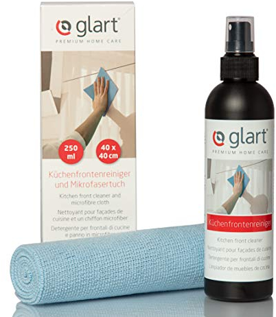 Glart 45KR Spray Nettoyant Cuisine 250ml + Chiffon Microfibre 40x45cm, Sans alcool, Pour façades brillantes, meubles, surfaces laquées, plastique, Kit nettoyage sans trace, doux & lavable