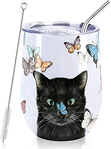 NymphFable 12oz Katze Schmetterling Becher Thermobecher Kaffeebecher to go Edelstahl Weinglas Mit Deckel Geschenke für Frauen
