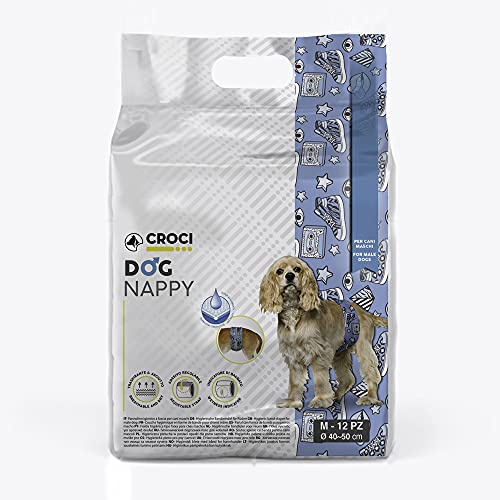 Croci Dog Nappy Pop - Fascia Assorbente per cani maschi, taglia M - Ø 40-50 cm, Mutanda pannolino igienico pipi cane, Antiodore, Usa e getta, Chiusura adesiva regolabile, 12 pz