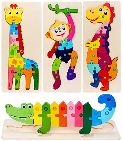 Holzpuzzle Holzspielzeug für Kinder, Steckpuzzle Holz ab 2 3 4 Jahren Montessori Spielzeug, 4 Stück Tiere Lernspielzeug, Weihnachten Geburtstag Geschenke für Jungen Mädchen