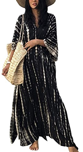 YouKD Sommarlång kaftan, bohemisk strandkimono, baddräkt, täckande, plus storlek, klänning för kvinnor, Bsvart, en storlek