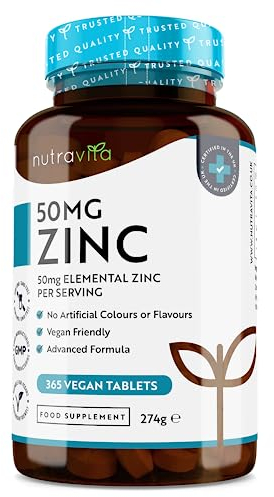 Zinc Tablets 50mg – 365 Vegan Tablets for 6 Months Supply – Zinc Supplement High Strength for Maintenance of Normal Immune System, Bones, Hair, Skin & Nails – Made in The UK by Nutravita