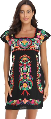 YZXDORWJ Women Mexican Embroidered Dress Short Sleeve (M, 629BKG)
