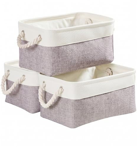 Mangata Große Aufbewahrungsbox 3er Set, Leinenstoff Aufbewahrungskörbe mit Griffen für Schränke, Kleiderschrank, Regale, Badezimmer, Kleidung, Spielzeug, Handtuch (38x28x24cm, Grau Weiß)