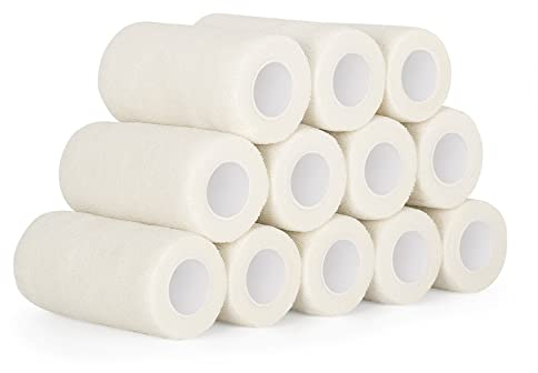 12 Rotoli Fasciature Benda Elastica Bendaggio Autoadesivo 10cm x 4,5m Benda Coesiva Adesiva Nastro Bendaggio Sportivo Non Tessuto per Mani, Piedi, Ginocchia, Braccia (Bianco)
