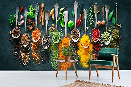 Myphotostation Küchentapete zum Abziehen und Aufkleben, Gewürze, Wandbild, Küche, Wanddekoration, bunte verschiedene Kräuter und Gewürze, 330 x 293 cm (B x H)