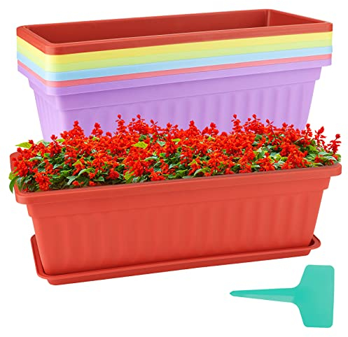 ZOENHOU 6 Pack 43cm Flower Window Box, 17 Inch Rectangular Plastic Window Box Planter with Trays and 30 Green Labels for Windowsill, Patio, Garden, Home Décor, Porch