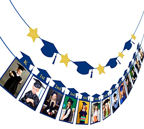 Whaline 2Pcs Graduation Photo Banner, Congrats Grad Banner, No DIY Require Hanging Bunting, Kindergarten to 12th Grade Picture Garland, Blue Gold Glitter Banner for Grad Party Decor, 5 x 7 inch
