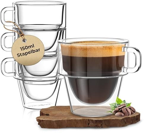 ElbFuchs® Tazas de Espresso Doble Pared [4x150 ml] | Apilables para Ahorrar Espacio | Aislamiento Térmico con Asa | Diseño Práctico en Vidrio Cristalino