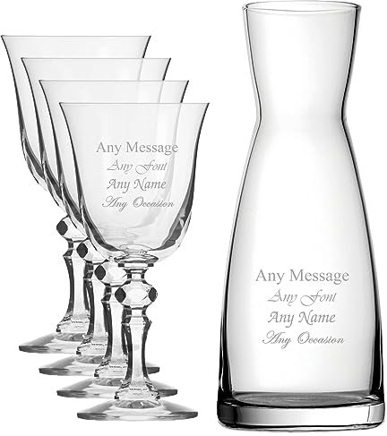 Lot de 4 verres à vin en cristal de jasmin et carafe contemporaine, personnalisables avec n'importe quel message pour toute occasion, stylisez à partir d'une variété de polices, boîtes cadeaux