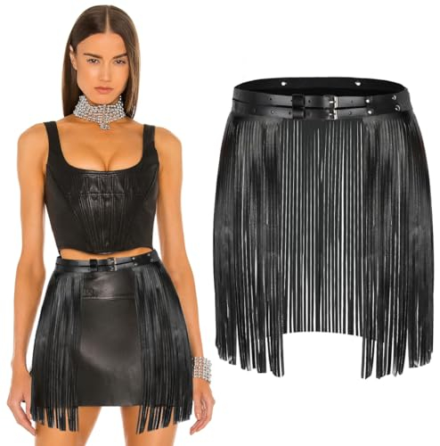 Wishstar Cintura da Donna con Frange in Finta Pelle, Gonna Nera con Nappe, Outfit Punk Gotico per Bikini
