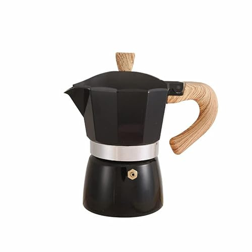 Italian Coffee Maker with Wood Grain Handle, Aluminum Stove Top Coffee Maker Portable Cafetera Percolator Pot(300ml, Black)