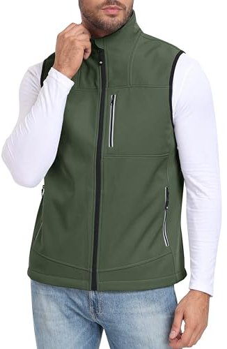 MoFiz Softshellweste Herren Weste Outdoor Fleece Laufweste Wasserdichte Anglerweste Trekking Wander Sports Ärmellose Jacke Grun L
