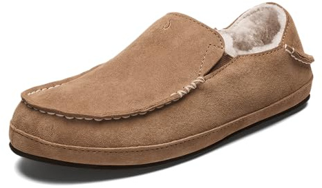 OLUKAI Nohea Slipper, Women's Slip-On Shoes, Genuine Shearling & Premium Nubuck Leather, Drop-in Heel Design, Cozy & Ultra-Soft Comfort Fit, Tan/Tan, 7