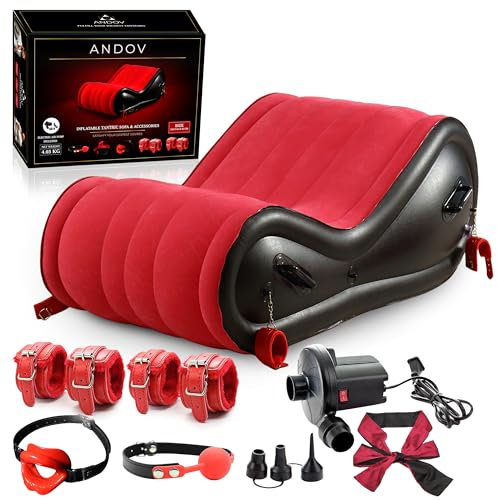 ANDOV Canapé Gonflable Érotique pour Adultes – Kit Bondage Inclus Menottes, Baillon Boule, Baillon Respirant et Masque pour les Yeux, Idéal pour Jeux Sexuels et Moments Intimes en Couple.