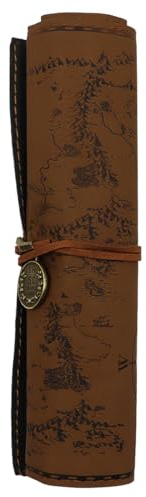 Hsthe Sea Stifterolle Rollmäppchen Federmäppchen Kunstleder Vintage Künstleretui Retro Griffelmappe Schlamperrolle Piraten-Look mit aufgedruckter Schatzkarte (Dunkelbraun (Raue Oberfläche))