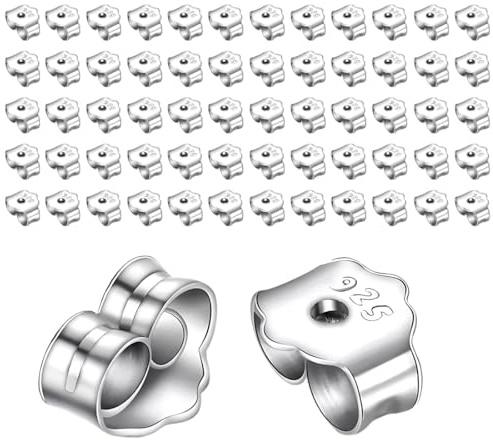 60 Piezas Tuercas de Pendientes Plata de 925 de 4.45 x 5.85 mm Cierres Tapón de Seguridad Tope Posterior Mariposa Tamaños Universal para Hacer Joyería Bisutería Fabricación de Joyas