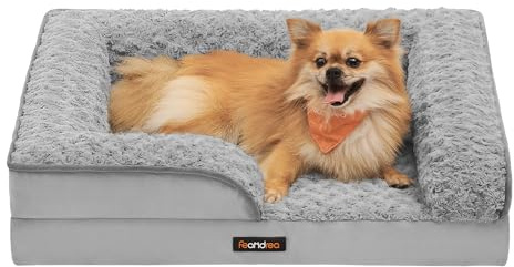 Feandrea Cama Perro Mediano, Caseta para Mascotas, Ortopédica con Espuma Corrugada, Bordes Elevados Acolchados, Funda Extraíble Motivo Rosa Peluche, 71 x 58 x 16 cm, Gris Paloma PGW251G01
