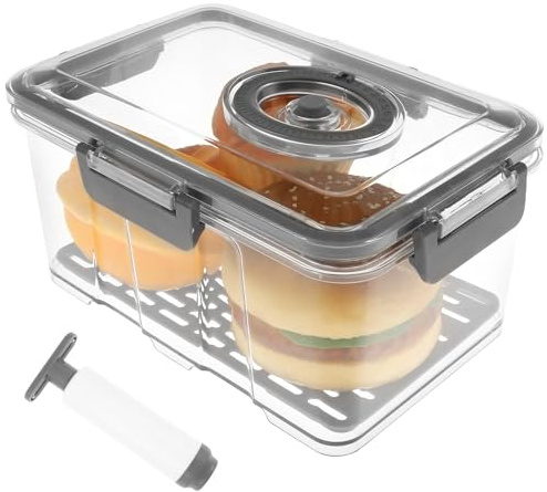 Boîtes à pain hermétiques avec enregistrement du temps - Boîte à pain avec pompe - Organiseur de rangement en plastique pour réfrigérateur - Pour pain, toast, bagel, beignet, biscuits, fruits