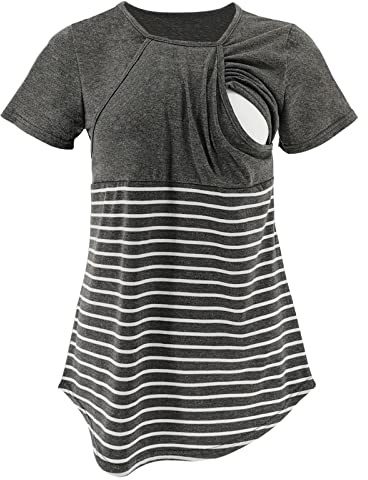 Bastwahl Stillshirt Lässig Nursing Tops Verdeckte Reißverschluss Stilloberteile Locker Stillkleidung Bequem Wochenbett-Shirts Frühling Sommer Stillshirt Mit Doppeltem Reißverschluss Maternity Tops