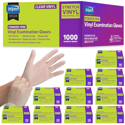 Inspire Exam Medical Clear Vinyl Disposable Gloves - Latex Free for Cleaning, Food Prep (Medium)