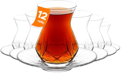 NORDIC SCHILLER Türkische Teegläser Set 165ml 12-teilig (6 Personen Set), Türkische Teegläser Mit Untertasse, 6 Teegläser, 6 Untersetzer, Teebecher Set 12 Stück, Cay Bardagi Seti