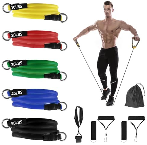 QWORK® 5 Piezas Bandas de Resistencia, 150 lb/68 kg de Fuerza, con 2 Asas de Espuma, 2 Correas de Tobillo, 1 Anclaje para Puerta, para Entrenamiento físico en el Gimnasio en casa