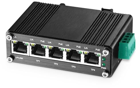 Binardat Mini Commutateur POE Solaire Gigabit 5 Ports Industriel, Entrée DC9V-54V jusqu'à DC48V Boosteur de Tension, IEEE802.3af/at POE, Commutateur IP40 sans ventilateur, montage sur rail DIN, non
