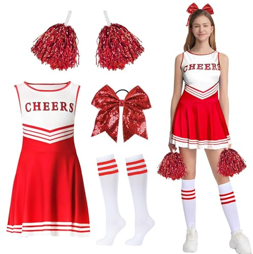 GUBOOM Cheerleader Kostüm Damen für Erwachsene, Cheerleaderkostüm Damen mit Cheerleader Pompoms, Haargummi, Socken, High School Cheerleader Kostüm für Verkleidung Cosplay Karneval Mottoparty (Rot, M)
