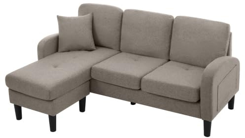 HAINEW Modern hörnsoffa hörnsoffa med schäslong och plastben, 3-sitsig L-formad soffa soffa med kudde och armstöd, bomullslinne, loungesoffa för vardagsrum (mörkgrå)