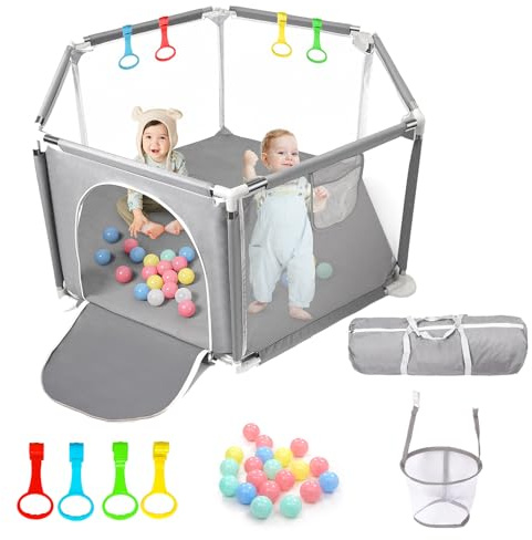 CHOLY Parque infantil para bebés y niños pequeños, parque estable hexagonal con malla transpirable, valla de actividades para niños para interior y exterior con bolsa de viaje (Gris claro)