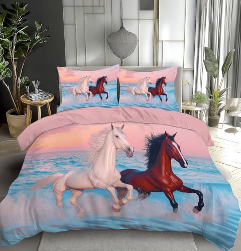 Copripiumino Piazza e Mezza 200x200cm Tramonto Spiaggia Animali Cavallo Set Letto Completo Stampa Microfibra Biancheria da Letto con Cerniera, 1 Copripiumini + 2 Federa 50x75 cm