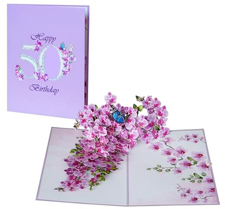 50:e födelsedagskort pop up | 3D grattis på födelsedagen hälsning för kvinnor mamma mormor dotter (storlek 15 x 20 cm - orkidé 50 år)
