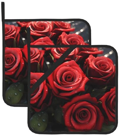 MJHKXLJ Set di 2 presine isolate quadrate con rose rosse, 20,3 x 20,3 cm, per coperchi della cucina, forni a microonde, barbecue all'aperto