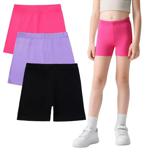 FILOWA Shorts för flickor barn bomull korta byxor 3-pack sport cykelbyxor med elastisk midja träningsbyxor mjuka färgglada fritid sportbyxor sommar gym cykling vandring joggingshorts, storlek 110–164