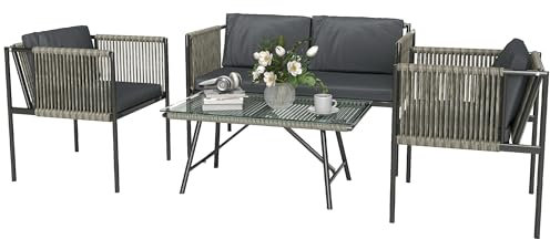 Outsunny Gartenmöbel Set aus Polyrattan Lounge-Set mit 2er Sofa Sessel Glastisch Kissen wetterfest Balkonmöbel für 4 Personen Outdoor Sitzgruppe Terrassenmöbel für Garten Balkon Grau