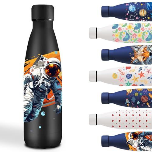 Borraccia Termica, 500ml Borraccia Bambini, Borraccie Termica Personalizzata, Borraccie Metallo Senza Perdite, Borracce Bambini Acciaio, per Scuola, Uffici, Campeggio, Ciclismo, Astronauta- Nero