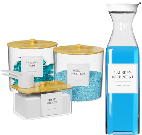 3+1 Pack Laundry Pods Containers & Dryer Sheet Holder & Laundry Detergent Dispenser, Laundry Room Organization and Storage Jars with Lids, Labels and Scoops for Scent Booster, Powder, Pods