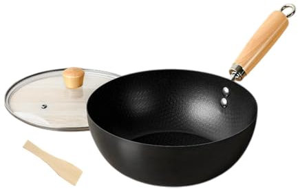 Pentola in Ferro Wok con Coperchio E Impugnatura in Legno, 24 Cm