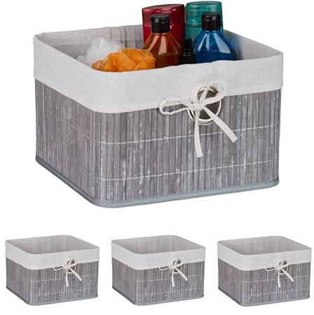 Relaxdays Aufbewahrungskorb 4er Set, Bambus, mit Stoffeinsatz, HBT: 20x31x31 cm, Körbchen mit Griffloch, Regalkorb, grau