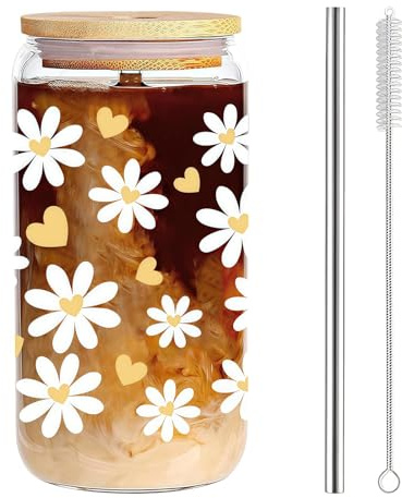 AuraFusion Aesthetic Gläser – 16 oz Vaso de Vidrio con Tapa y pajilla, diseño Floral, café Helado, Batidos y más