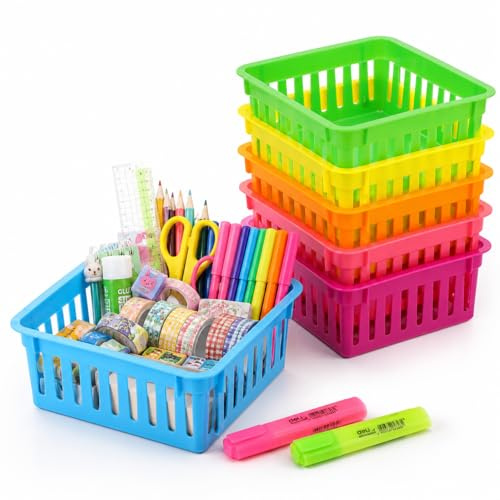 Small Plastic Baskets, 6Pcs Small Colored Classroom Storage Baskets Plastic Desk Stationery Organizers Pencil Pots Ample Capacity Utility Trays or School Supplies and Office Use Stackable