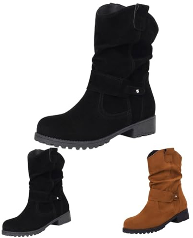 Botines para mujer con tacón elegante – Botas de invierno para mujer, botas de vaquero de media altura, botas de equitación de punta redonda, botas de estilo occidental, botas de combate con tacón de