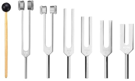 YXINAER Stimmgabel aus Edelstahl 6 Teile/Satz 128Hz 256Hz 512Hz 1024Hz 2048Hz 4096Hz Stimmgabel mit Hammer Stimmgabel Kit Sound Vibration Werkzeug